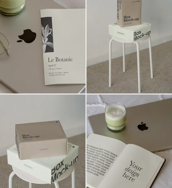 box, notebook and paper psd mockups